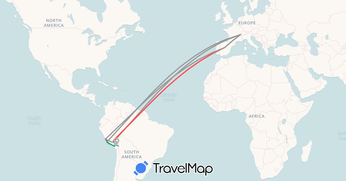 TravelMap itinerary: bus, plane, train, hiking, boat in Bolivia, Switzerland, Spain, Peru (Europe, South America)